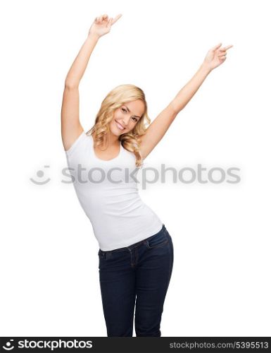 t-shirt design, harmony, happiness concept - happy dancing woman with raised hands in blank white t-shirt
