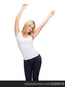 t-shirt design, harmony, happiness concept - happy dancing woman with raised hands in blank white t-shirt