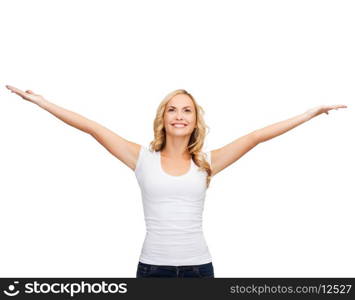 t-shirt design, harmony, happiness concept - happy woman with raised hands in blank white t-shirt