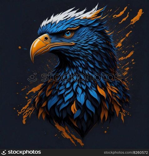 T-shirt design with eagle bird portrait. Colorful print design of eagle head in cartoon style on dark background. AI generated illustration. T-shirt design with eagle bird portrait. AI generated illustration