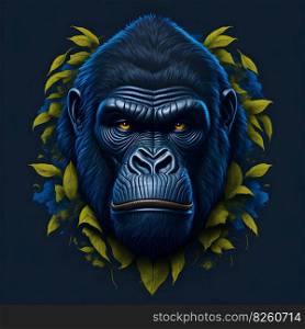 T-shirt design with realistic gorilla portrait. Colorful print design of gorilla head on dark background. AI generated illustration. T-shirt design with gorilla portrait. AI generated illustration