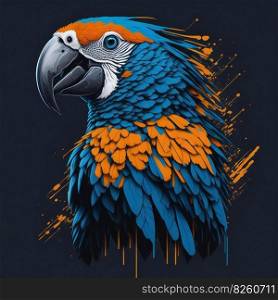 T-shirt design with realistic parrot Ara portrait. Colorful print design of parrot bird head on dark background. AI generated illustration. T-shirt design with parrot Ara portrait. AI generated illustration
