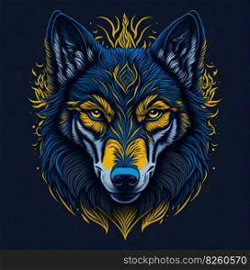 T-shirt design with realistic wolf portrait. Colorful print design of wolf head on dark background. AI generated illustration. T-shirt design with wolf portrait. AI generated illustration