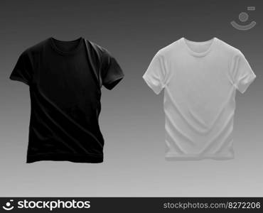 T-shirt template set. White   black color. Man woman unisex model. Two t shirt mockup. Front side. Flat design. Isolated. Gray background. illustration copy space. T-shirt template set.White   black color. Man woman unisex model. Two t shirt mockup. Front side. Flat design. Isolated. Gray background. illustration