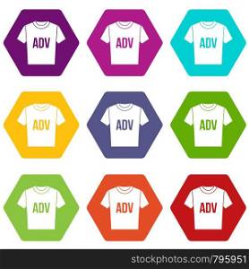 T-shirt with print ADV icon set many color hexahedron isolated on white vector illustration. T-shirt with print ADV icon set color hexahedron