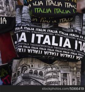 T-shirts on sale at market stall, Siena, Tuscany, Italy