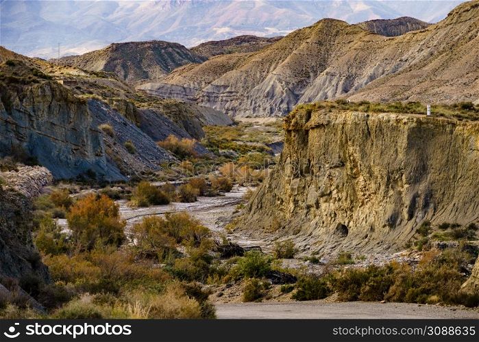 Tabernas desert landscape. Province Almeria, Andalusia Spain. Natural area. Interesting place to visit. Tourist attraction.. Mountain view. Tabernas desert in Spain