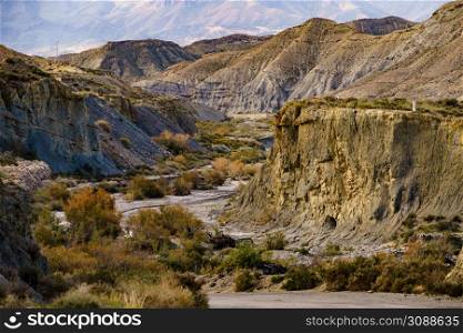 Tabernas desert landscape. Province Almeria, Andalusia Spain. Natural area. Interesting place to visit. Tourist attraction.. Mountain view. Tabernas desert in Spain