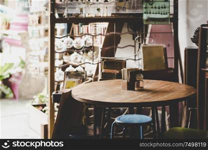 Table and chairs of vintage cafe in Malacca