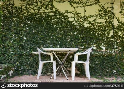 Table and chairs Placed close to the wall with trees.