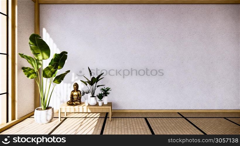 table Cabinet wooden design on living room zen style empty wall background.3D rendering