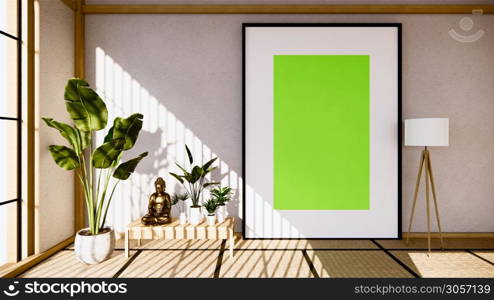 table Cabinet wooden design on living room zen style empty wall background.3D rendering