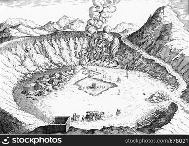 Table depicting a volcanic counterpart in the first third of the eighteenth century, vintage engraved illustration. From the Universe and Humanity, 1910.