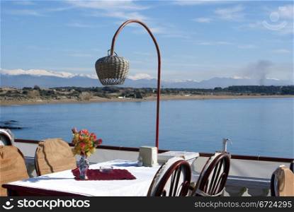 Table in restaurant near sea in Side, Turkey