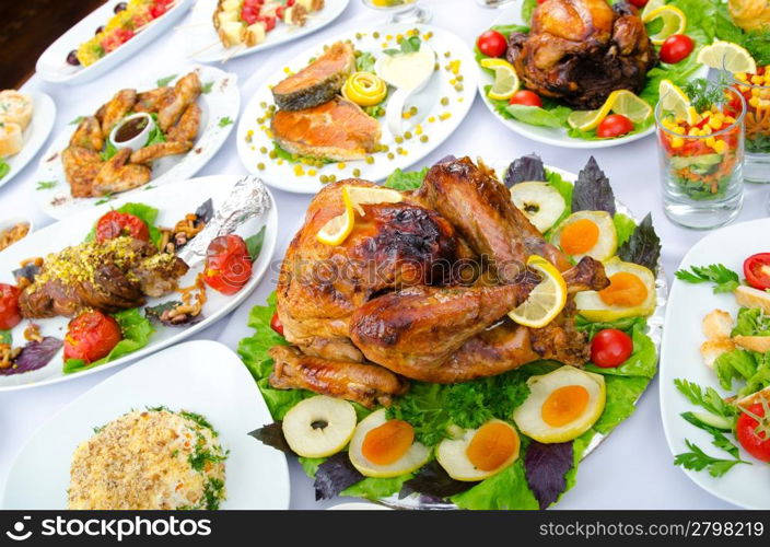 Table served with tasty meals