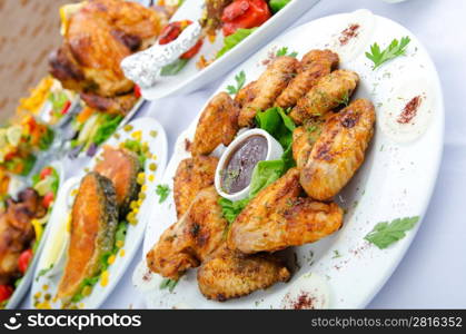 Table served with tasty meals