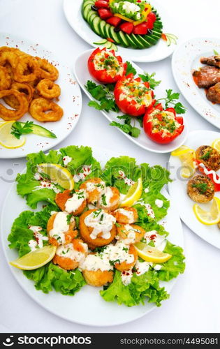 Table served with tasty meals