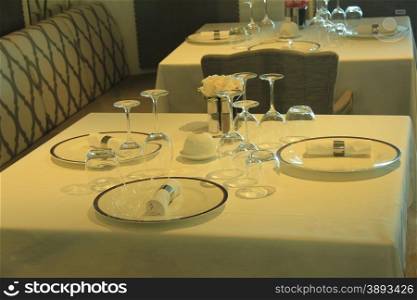 Table setting at a banquet hall, set up for a wedding