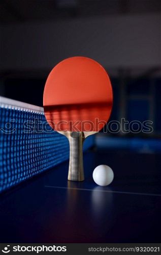 Table tennis equipment on blue ping pong table with grid net. Sport club and training class for skills improvement. Tennis still life. Table tennis equipment on blue ping pong table with grid net