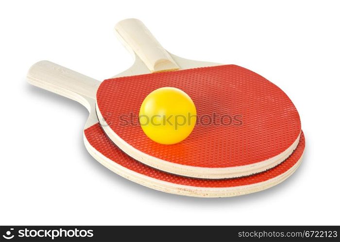 Table-tennis rackets and ball on a white background
