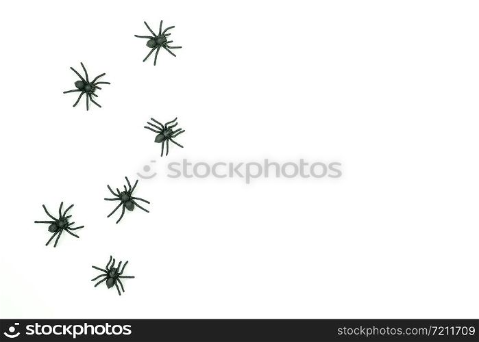 Table top view aerial image of decoration Happy Halloween day background concept.Flat lay accessories essential object to arrangement the spiders on white wooden.Copy space for creative design text.