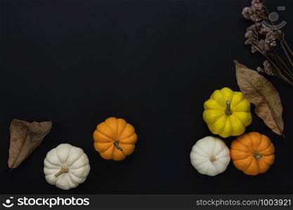 Table top view aerial image of decoration Happy Halloween or Thanksgiving day background concept.Flat lay accessory object to party the pumpkin & dry flower on black wooden.Space for creative design.
