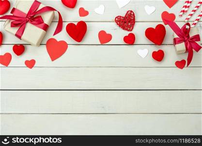 Table top view aerial image of sign valentines day background concept.Flat lay arrangement colorful many heart shape on modern grunge white wood at home office desk studio.copy space design backdrop.