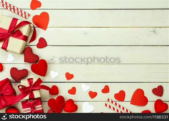 Table top view aerial image of sign valentines day background concept.Flat lay arrangement colorful many heart shape on modern grunge white wooden at home office desk studio.space design backdrop.
