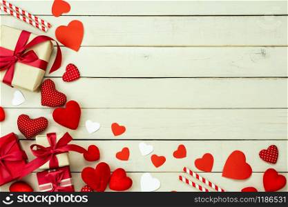 Table top view aerial image of sign valentines day background concept.Flat lay arrangement colorful many heart shape on modern grunge white wooden at home office desk studio.space design backdrop.