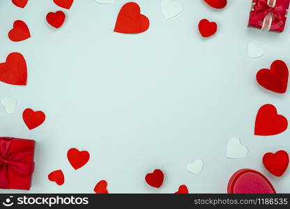 Table top view aerial image of sign valentines day background concept.Flat lay arrangement colorful many heart shape on modern grunge whit paper at home office desk studio.copy space design backdrop.