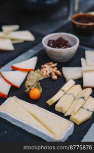 Table with different types of European cheeses