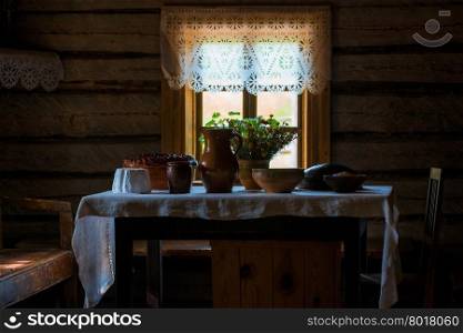 table with food and utensils to the rural house