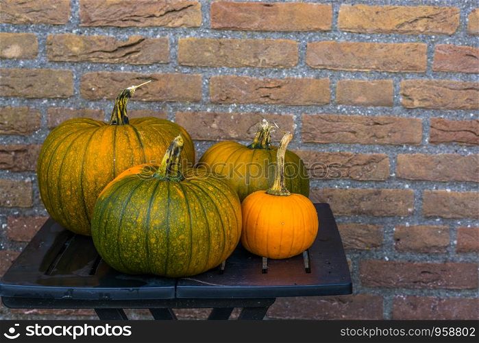 table with orange and green pumpkins, halloween and autumn decorations, seasonal tradition