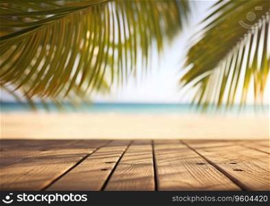 Table with palms and ocean with blue sky background.AI Generative