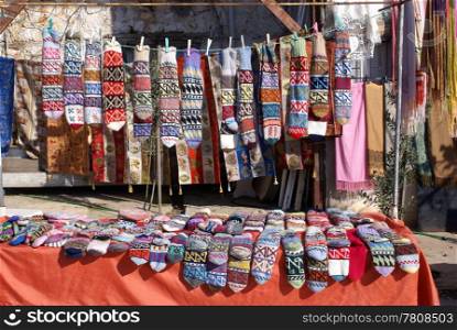 Table with wool socks on the street of Alanya, Turkey