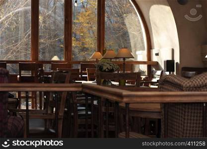 tables and chairs in a cafe