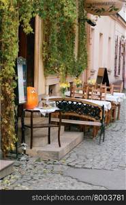 Tables restaurant on the street with green leaves on the walls and windows