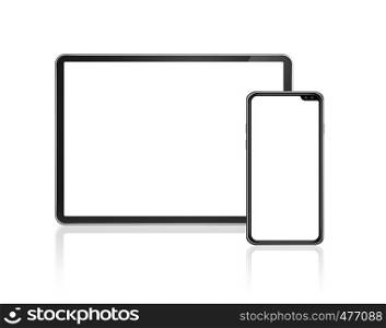 Tablet and smartphone set mockup isolated on white background with blank screens. 3D render. Tablet and mobile phone set mockup isolated on white. 3D render