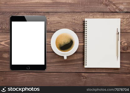 tablet coffee and book blank on wood tablet