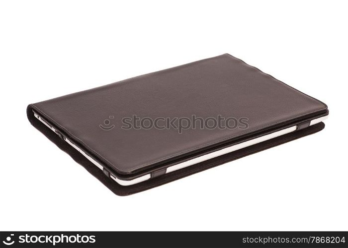 Tablet computer in cover isolated on white