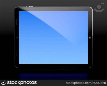 Tablet computer with blue screen isolated on black background
