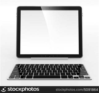 Tablet computer with white blank screen and keyboard isolated on white background