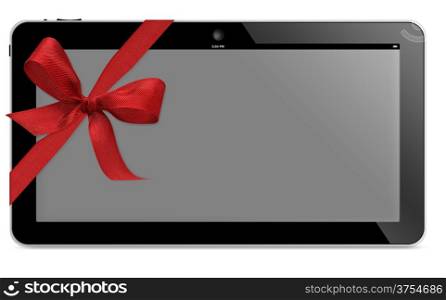 tablet computer with wide screen with red ribbon isolated on white background . (with clipping work path). tablet computer