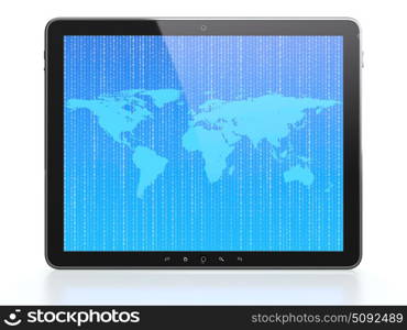 Tablet computer with World map and flying digits on screen isolated on white background