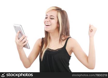 Tablet computer woman excited looking at touch pad pc