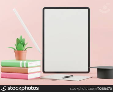 Tablet for education in 3d style pink background