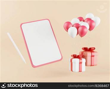 Tablet gift boxes and balloons in 3d style with pink background