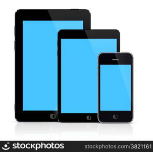 Tablet, mini tablet and touchscreen smartphone on white background