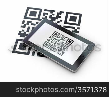 Tablet pc scanning qr code on white background. 3d
