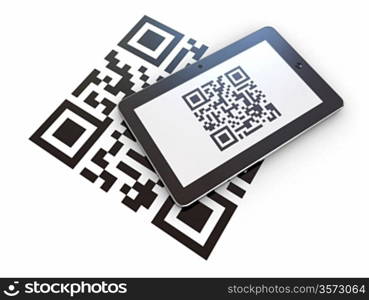 Tablet pc scanning qr code on white background. 3d